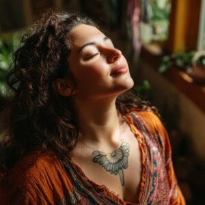mujer respirando frente al sol